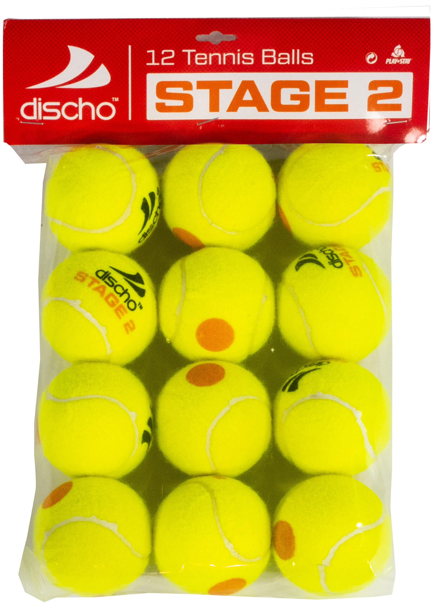 Tennisbälle - DISCHO STAGE 2 - gelb mit orangem Punkt - 12 Bälle im Polybag