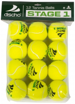Tennisbälle - DISCHO STAGE 1 - gelb mit grünem Punkt - 12 Bälle im Polybag 