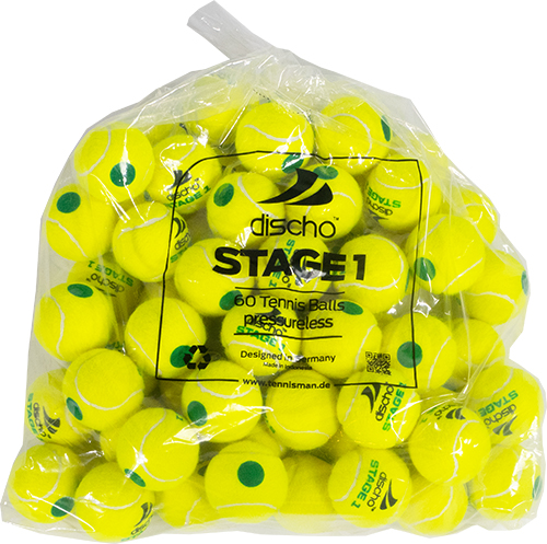 Tennisbälle - DISCHO STAGE 1 - gelb mit grünem Punkt - 60 Bälle im Polybag 