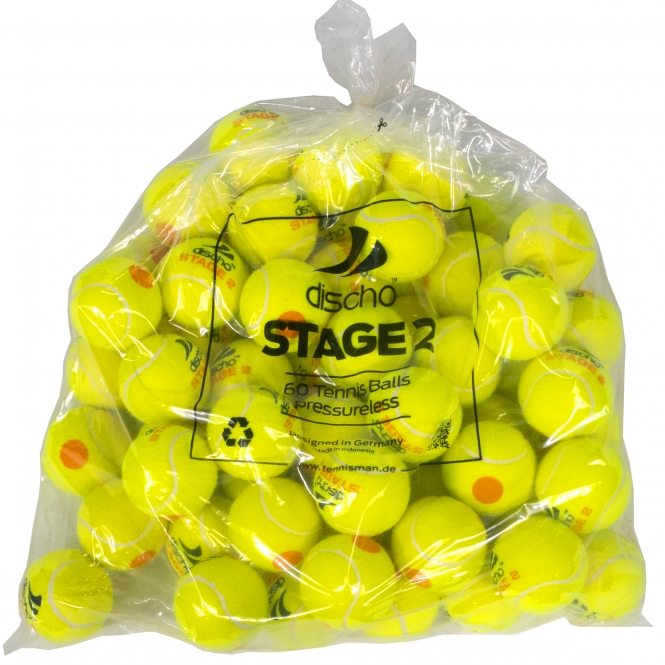 Tennisbälle - DISCHO STAGE 2 - gelb mit orangem Punkt - 60 Bälle im Polybag 